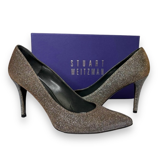 Stuart Weitzman Pyrite Nocturn Silver Metallic Pointed 4” Stiletto Pump Heel 9 - Picture 1 of 10